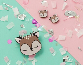 Kawaii Deer Brooch - The Maple Wood Collection - Kawaii Wooden Cute Deer Pin Doe Pin Buck Pin Kawaii Doe Brooch