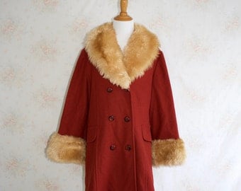 Vintage 70s Shearling Coat, 1970s Fur Trimmed Coat, Wool, Princess, Boho