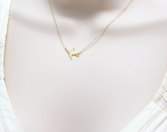 Dainty Gold Bird Necklace, Small Swallow Necklace, Soaring Sparrow, Delicate Gold Charm Necklace, Tiny Flying Bird, Gold Fill, Women Gift
