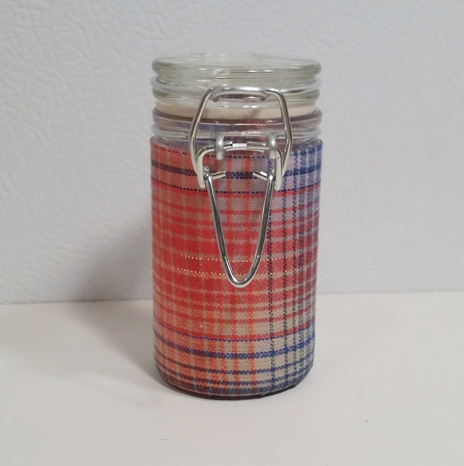 Small Glass Stash Jar LatchTop Jar Orange and Blue Plaid
