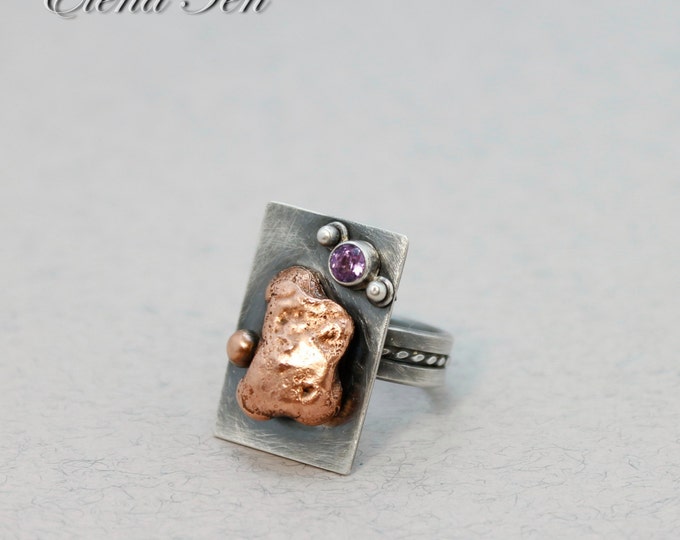 Rectangle Ring Rectangle Earrings Jewelry Set Unique Jewelry Amethyst Earrings Amethyst Ring Copper Jewelry Pure Copper Ring Sterling Silver