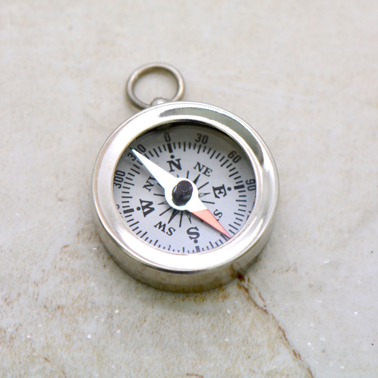 1 Mini Compass Pendant Charm SILVER with White Face REALLY