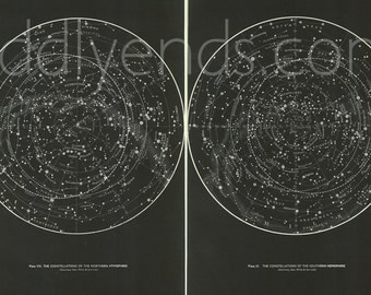 1950's SET OF 2 Original Stars & Constellations Maps Hemispheres Vintage Astronomy Astrology Prints