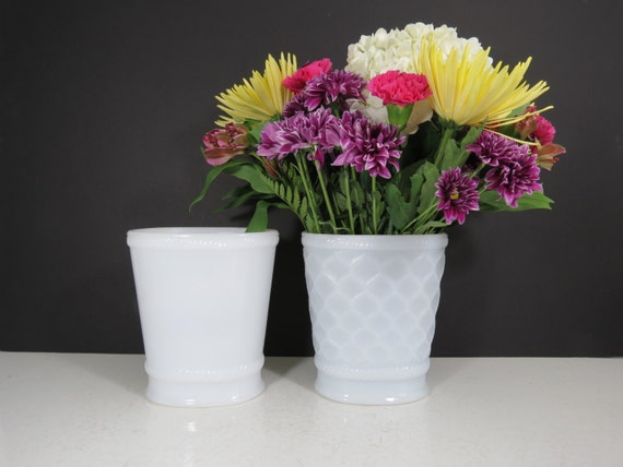 Oval Glass Centerpiece : Vintage milk glass vases pair mismatched oval wide