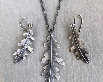 Oak Leaf Earrings and Necklace Set Sterling Silver - Silver Oak Leaf Earrings and Necklace Set- Gift for her - gift set