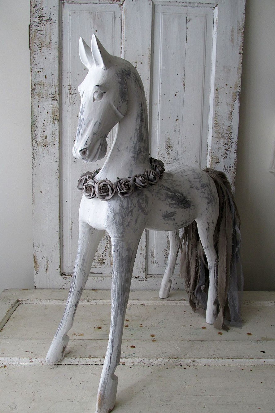 Large carved wooden horse statue white French by AnitaSperoDesign