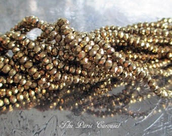 2 mm x 3 mm faceted rondelle crystal glass beads metallic antiqued gold, full 15-inch strand, approximately 200 beads