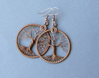 Tree-Of-Life earrings Wire wrapped copper and ear hook surgical steel Round earrings Universal gift Her Anniversary gift Diameter 1.5" MW21