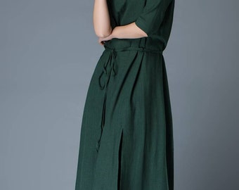 Spring Summer Dress - Emerald Green Loose-Fitted Layered Long Length Woman's Dress with Half Sleeves C806