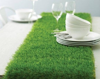 Artificial grass table runner, mad hattter table decorations, Alice in wonderland birthday ideas, party ~ contemporary table setting, soccer