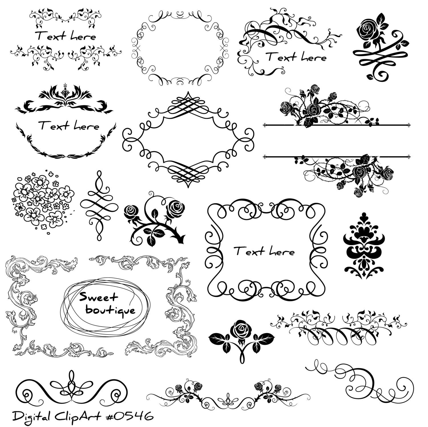 BLACK Flourish Frame Clip Art Digital Border Flourishes