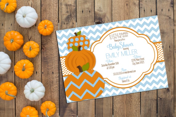 Little Pumpkin Baby Shower Invitation - Fall Baby Shower - Blue and Orange - Chevron Stripes - Printable Il_570xn