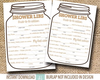 Printable Bridal Shower Game-- Mason Jar Theme, Mad Libs for the Bride to Be- Neutral Color only-Customization NOT Included