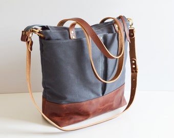 Dark Grey waxed canvas and Russet leather diaper bag nappy bag tote bag