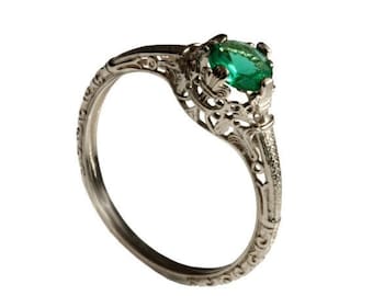 14K Vintage solitaire Emerald Engagement ring 18k white gold natural Emerald alternative engagement ring, promise ring, May birthstone ring
