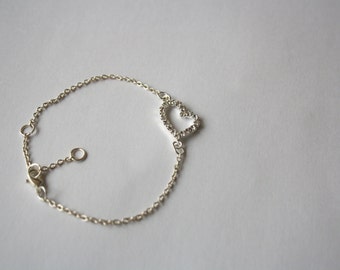 Pave Heart Charm Bracelet, Whimsical Heart Jewelry, Rhinestones, Silver Plated, Adjustable Size