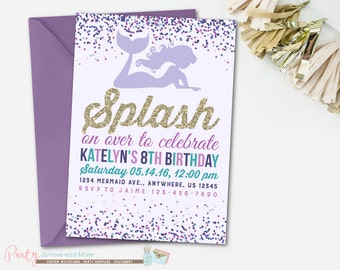 Mermaid Birthday Invitation, Mermaid Invitation, Under the Sea Birthday, Mermaids, Purple, Gold, Summer, Pool Party, Purple and Gold