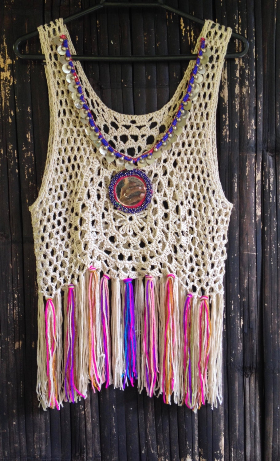 Handmade Crochet Fringed Boho Top with Vintage Mirror by SpellMaya