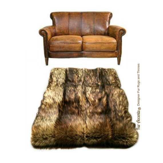 Pieced Fur Area Rug Golden Brown Wolf Pelt Rug by FurAccents