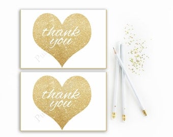 Baby shower thank you cards printable gold and white gender neutral baby shower thank you card gold hearts digital file instant download diy