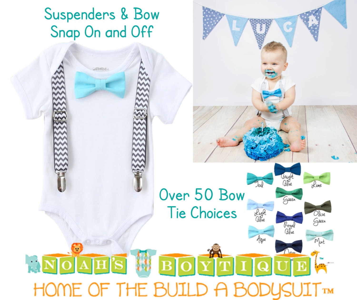 Cake Smash Outfit Boy Blue Grey Aqua Suspenders Bow