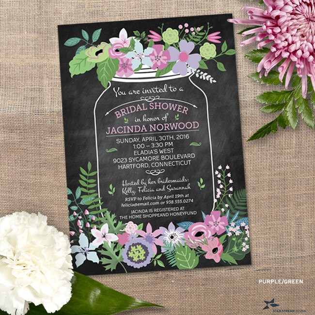 Chalkboard Mason Jar Floral Bridal Wedding Shower Invitation