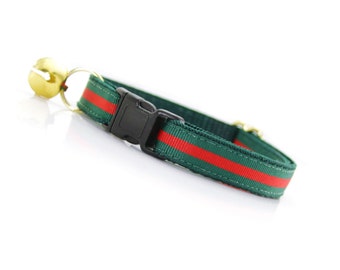 Cat Collar - "Crimson & Clover" - Green and Red Stripe - Breakaway Buckle or Non-Breakaway - Designer / Luxury - Sizes for Cats + Small Dogs