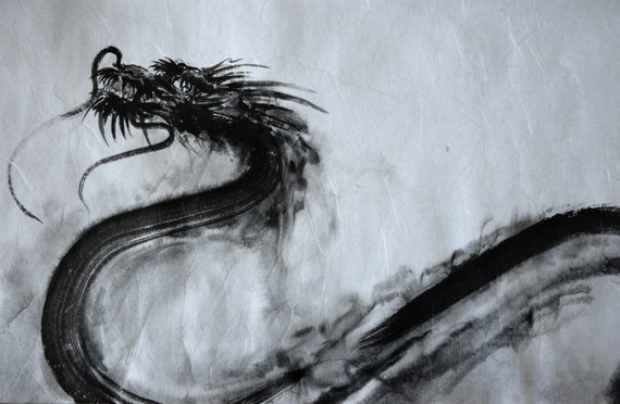 Japanese calligraphy dragon. Original sumi-e ink painting.