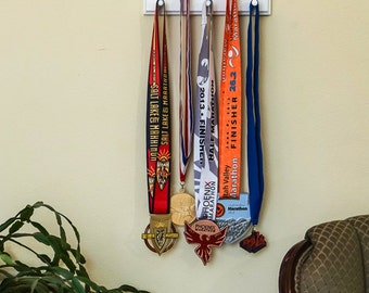 White Sport Medal and Race Bib Display. Marathon Medal Display. Running Medal Holder with Bib Holder