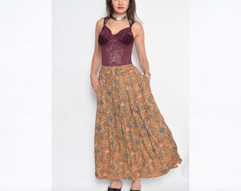 Vintage 80's Baroque Print Pleated Skirt / High Waisted Maxi Skirt