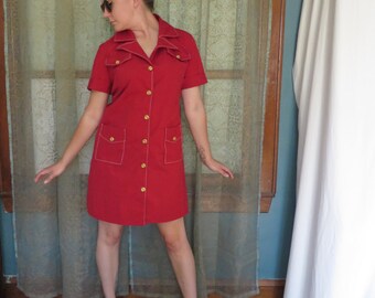 1970s Red Mini Dress 70s Shirt Dress Vintage Shirtwaist 70s Hipster Dress Vintage Tunic Pockets Scooter Dress Western Dress