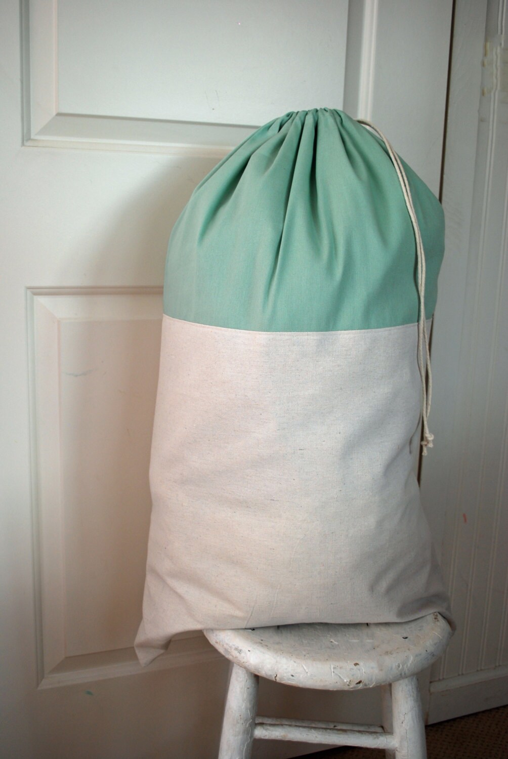 Laundry Bag Drawstring Canvas Mint Green Light Aqua
