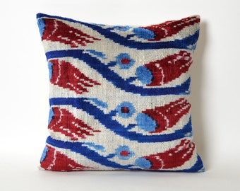 15x15 Velvet Pillow Cover red blue pillow pillows floral english country home decor chair cushion cover ethnic cushion uzbek pillow