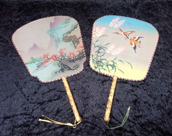1930s Japanese Hand Painted Silk Court Fans x 2. Antique Fans. Japanese Silk Art. Japanese Costume Accessories. Japanese Decor. Asian Decor.