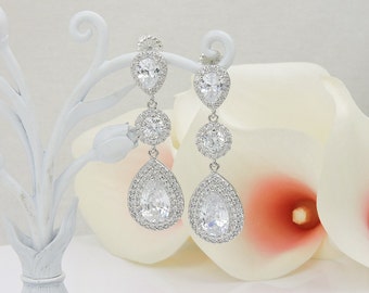 FREE US Ship Lux Cubic Zirconia Statement Bridal Earrings Long Teardrop CZ Bridal Earrings Double Row Teardrop Earrings Statment Cz Earrings
