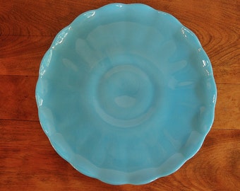 Blue Milk Glass Cake Stand, Turquoise Glass Ruffle Edge Low Wedding Cake Plate, Cupcake Stand, Bridal, Vintage Kitchen