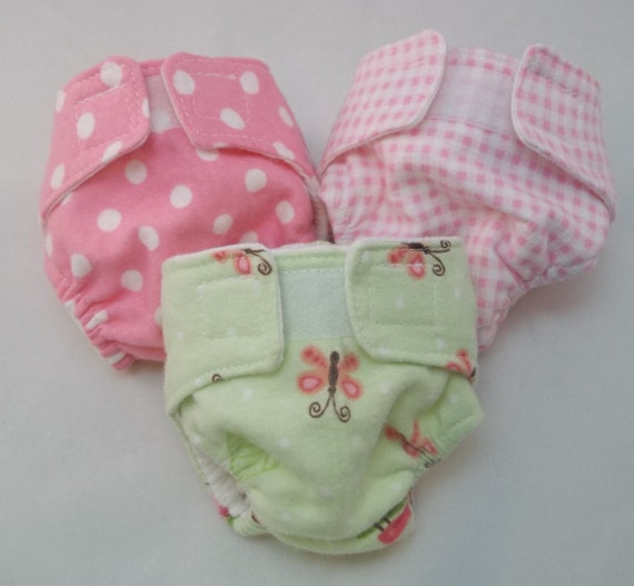 Set of 3 doll cloth diapers. Elastic at waist and legs makes