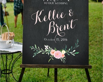 Welcome to Our Wedding Sign Chalkboard Floral Customizable Poster Size- Blush Pink Flowers - DIGITAL FILE ONLY - Poster Size Printable