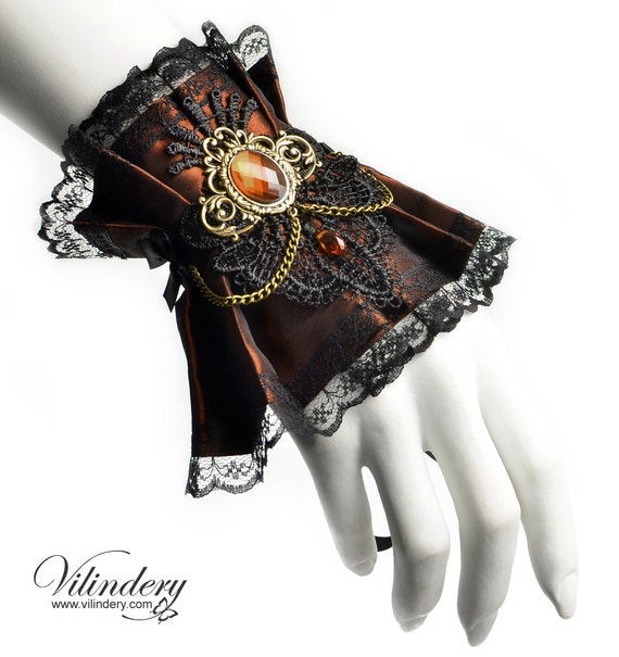 Little Steampunk cuff bracelet - Steam Wedding, Victorin fantasy, Brown fabric wrist decor, Cute Lolita accessories, Geek girl bride by Vilindery steampunk buy now online
