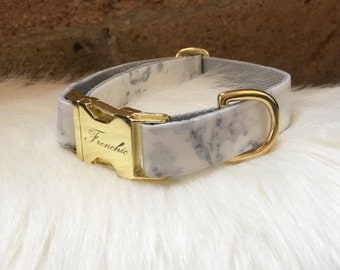 Adjustable dog collar "Snow white marble" (Laminated cotton fabric, impermeable)