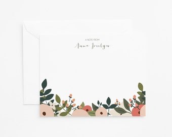 Personalized Flat Card Set of 12 | Illustrated Custom Floral Personalized Stationery Notecards : Rosy Grove Collection
