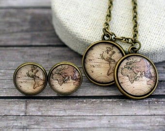 World Map Necklace, World Map Earrings, World map, Retro map, World Map Set, Globe Map, Continents Map, Earth Map