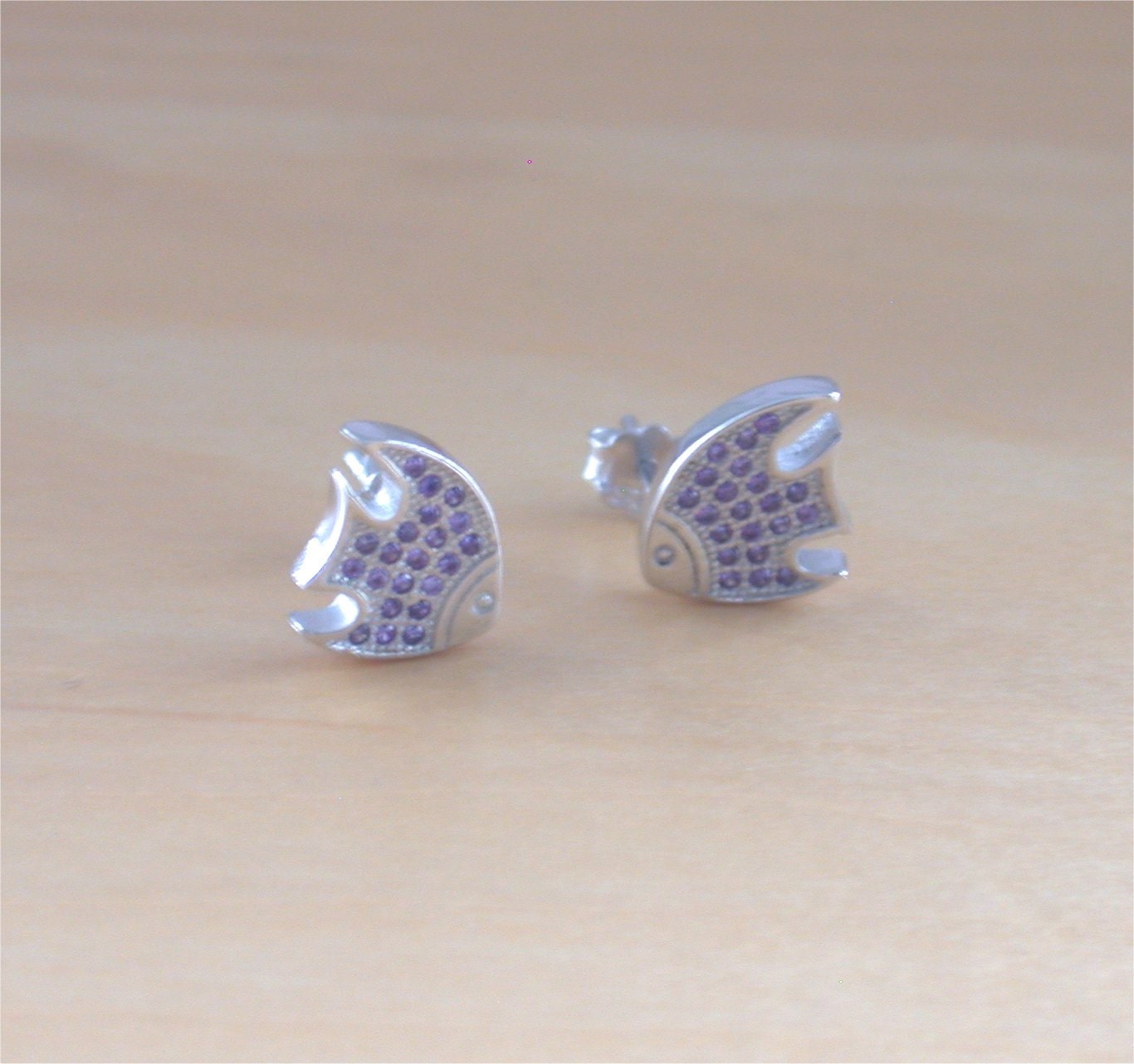 925 Cz Purple Fish Stud Earrings/Cz Fish Earrings/Fish