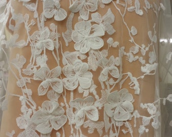 Ivory Lace fabric, 3D French lace, Chantilly lace, Bridal lace, White Wedding lace Veil lace Scalloped Floral lace Lingerie lace by the yard