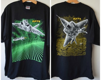90s F-22 Raptor Fighter Aircraft T-Shirt // Black w Neon Green, Yellow, White // Retro Military Airplane, Old School Badass