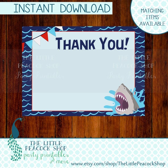 Sharks Thank you card printable and by TheLittlePeacockShop