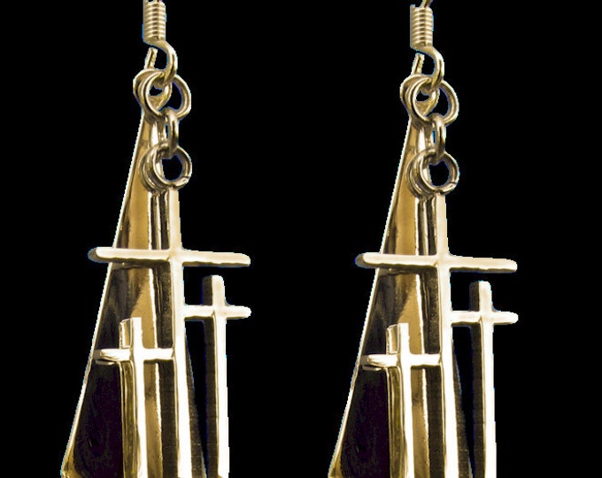 Gold Calvary 3 Cross Earrings Triangle Back Drop Dangle Womans Modern Christian Jewelry - Saint Michaels Jewelry - Calvary Three Cross