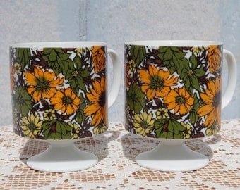 1960s Vintage Floral Pedestal Mugs, Coffee Cups
