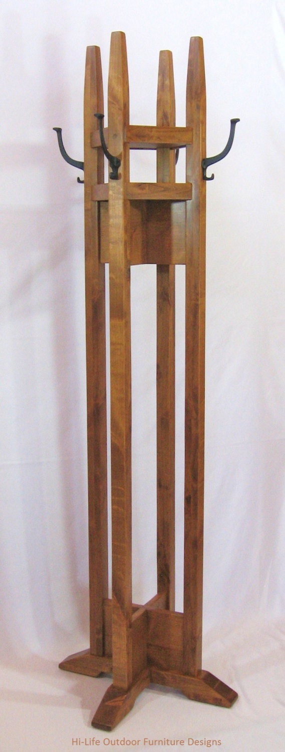 Handmade Coat Tree With 2 Shelves Alder Wood 4 Cast Iron