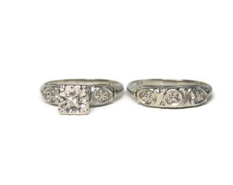 Vintage 14K White Gold Illusion Diamond Wedding Bridal Ring Set Size 5.5